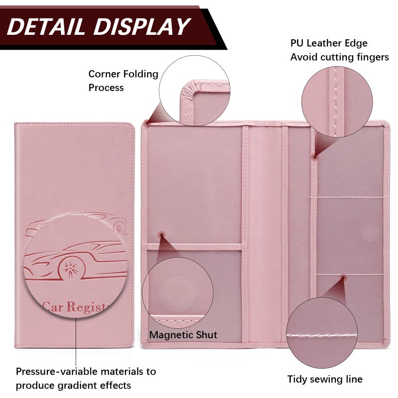 Peisicne Car Registration and Insurance Card Holder for Women Men, Pink Glove Box Paperwork Organizer with Magnetic Buckle for Easy Access and Protect Documents and Various Cards in Vehicle - Image 4