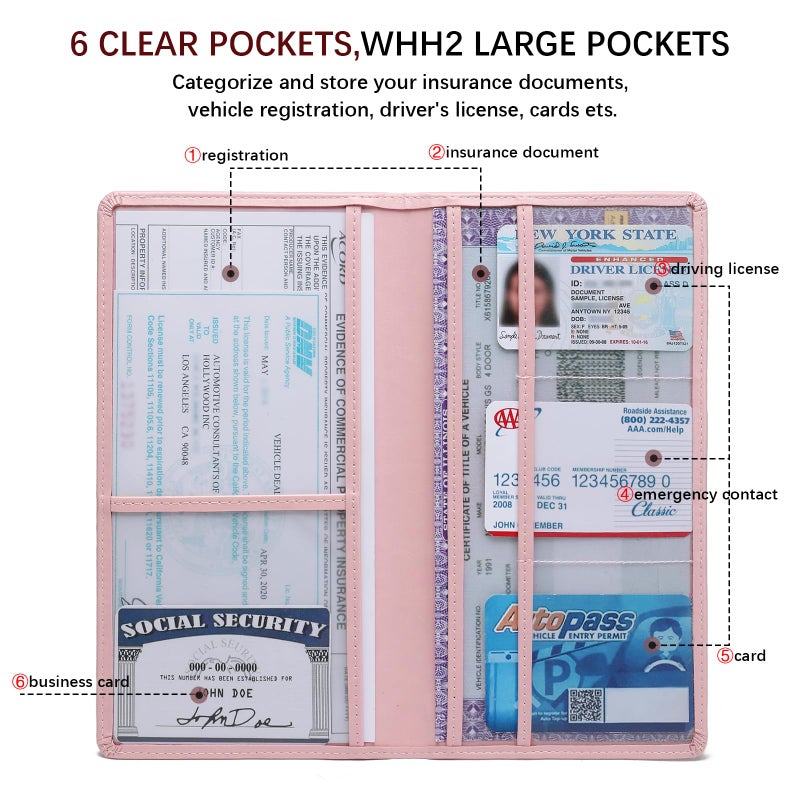 Peisicne Car Registration and Insurance Card Holder for Women Men, Pink Glove Box Paperwork Organizer with Magnetic Buckle for Easy Access and Protect Documents and Various Cards in Vehicle - Image 3