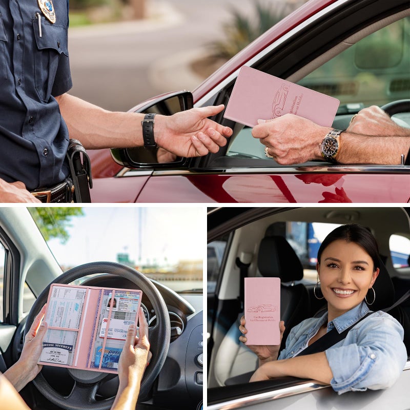 Peisicne Car Registration and Insurance Card Holder for Women Men, Pink Glove Box Paperwork Organizer with Magnetic Buckle for Easy Access and Protect Documents and Various Cards in Vehicle - Image 2