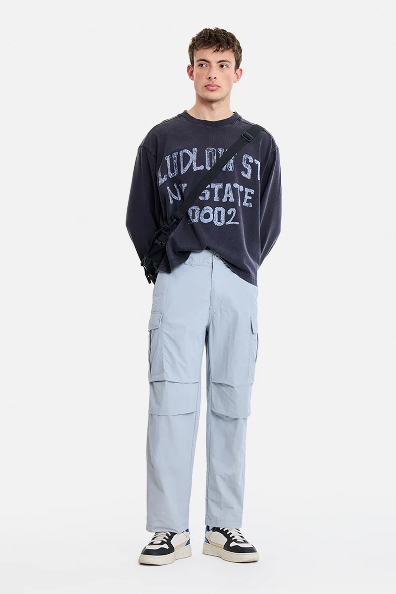 SNITCH Light Grey Solid Loose Fit Streetwear Cargo