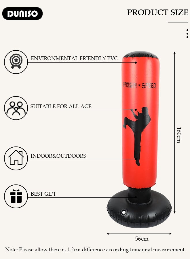 DUNISO عمود ملاكمة قابل للنفخ، حقيبة ملاكمة قابلة للنفخ بارتفاع 160 سم، حقيبة ملاكمة قائمة بذاتها، حقيبة ملاكمة للأطفال والبالغين، لممارسة الكاراتيه، تدريب الملاكمة في المنزل مع ارتداد فوري لتخفيف التوتر - Image 2