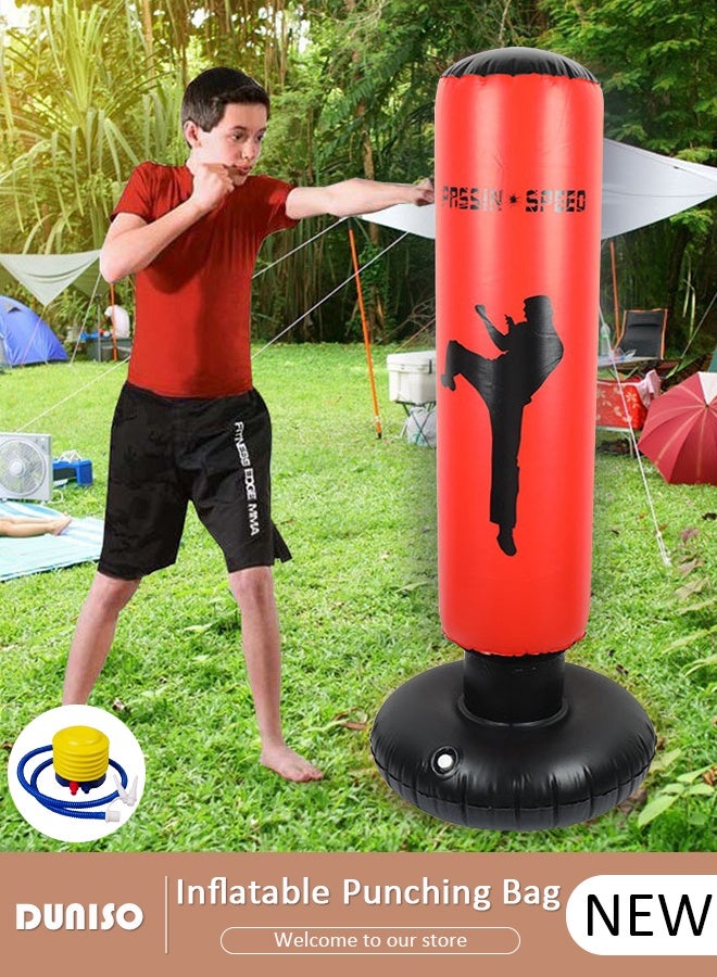 DUNISO عمود ملاكمة قابل للنفخ، حقيبة ملاكمة قابلة للنفخ بارتفاع 160 سم، حقيبة ملاكمة قائمة بذاتها، حقيبة ملاكمة للأطفال والبالغين، لممارسة الكاراتيه، تدريب الملاكمة في المنزل مع ارتداد فوري لتخفيف التوتر - Image 1