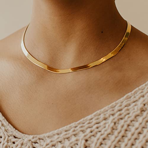 CHESKY Chain Necklace for Women, Dainty 14k Gold Plated Herringbone Necklaces Simple Flat 5MM Snake Chain Choker Necklaces Delicate Chunky Necklaces for Women - Image 2