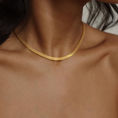 CHESKY Chain Necklace for Women, Dainty 14k Gold Plated Herringbone Necklaces Simple Flat 5MM Snake Chain Choker Necklaces Delicate Chunky Necklaces for Women - Image 3