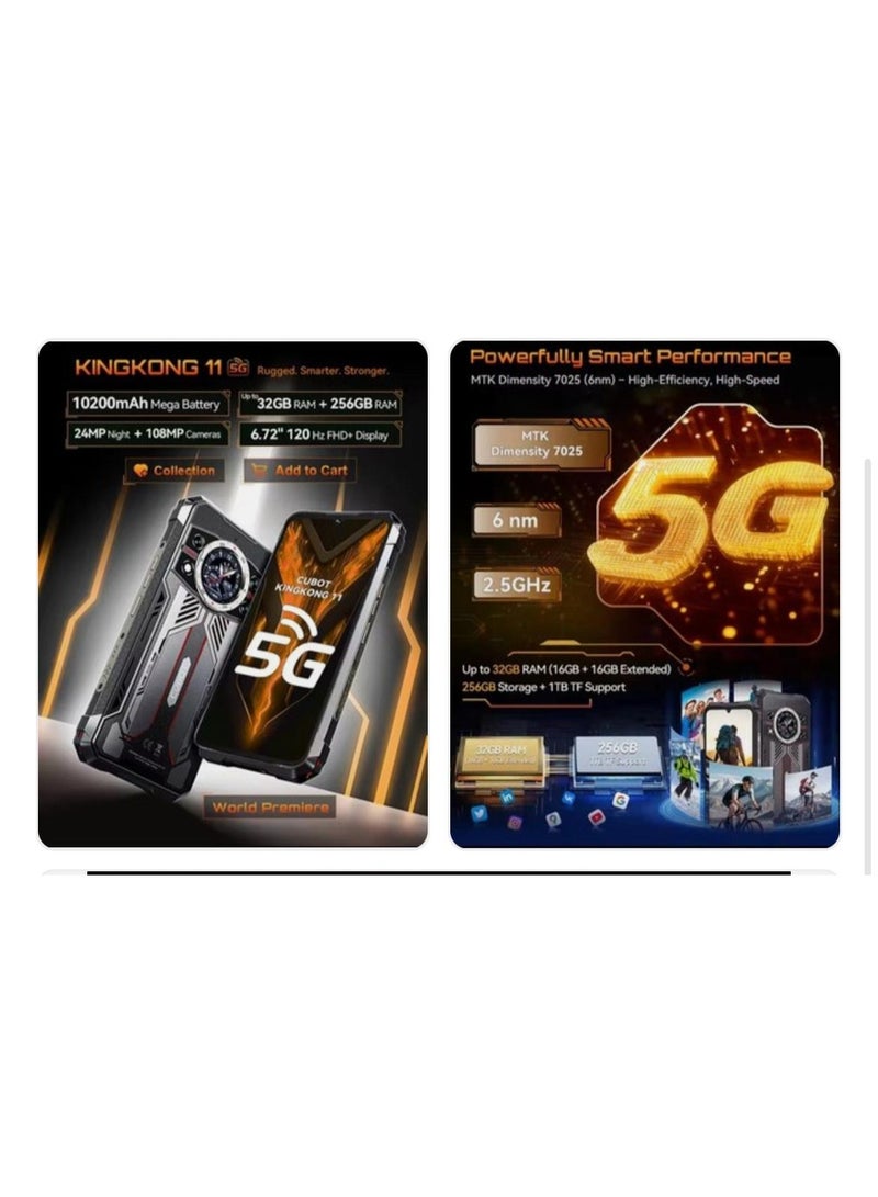 Cubot KingKong 11 5G Rugged Smartphone 6.72 Inch 120Hz FHD+ Screen,Android15, Dual SIM, 16GB RAM+256GB ROM 10200mAh Battery 108MP Rear+32MP Front Camera, OTG, NFC Waterproof Mobile Phone -Black - Image 4