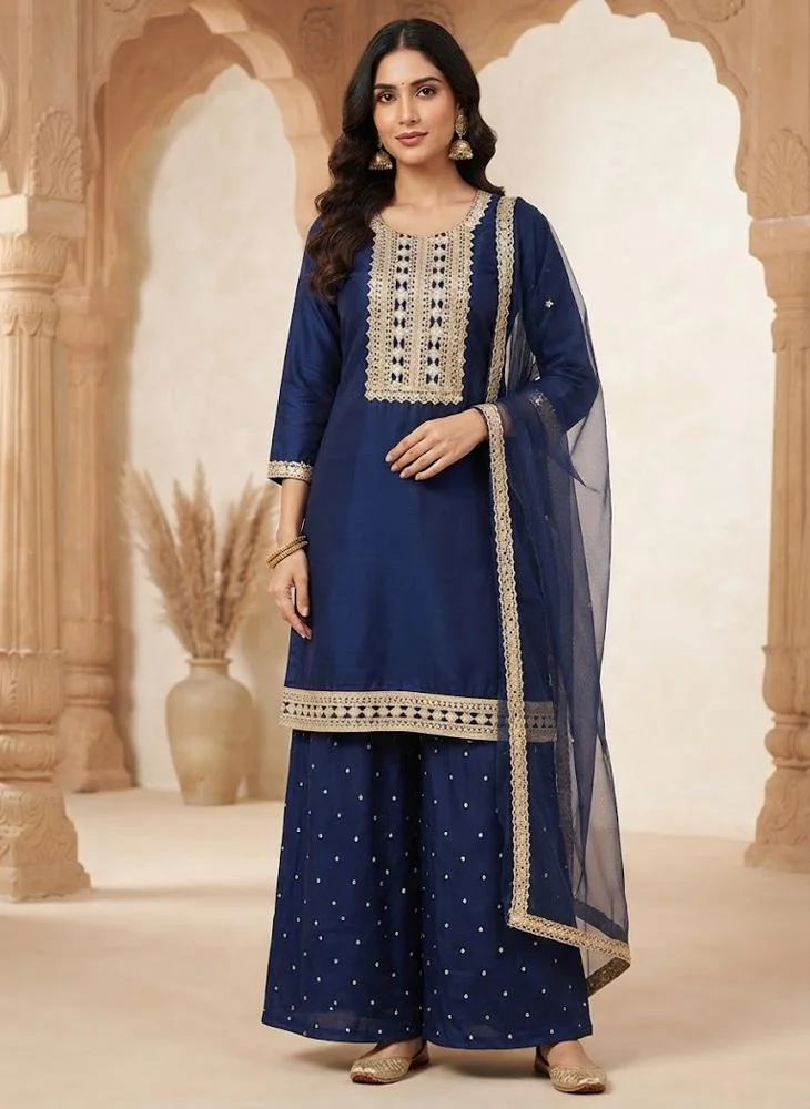 Viny VINY Navy 3-Piece Embroidered Polka-Dot Sharara Suit Set – Women's Indian Ethnic Wear