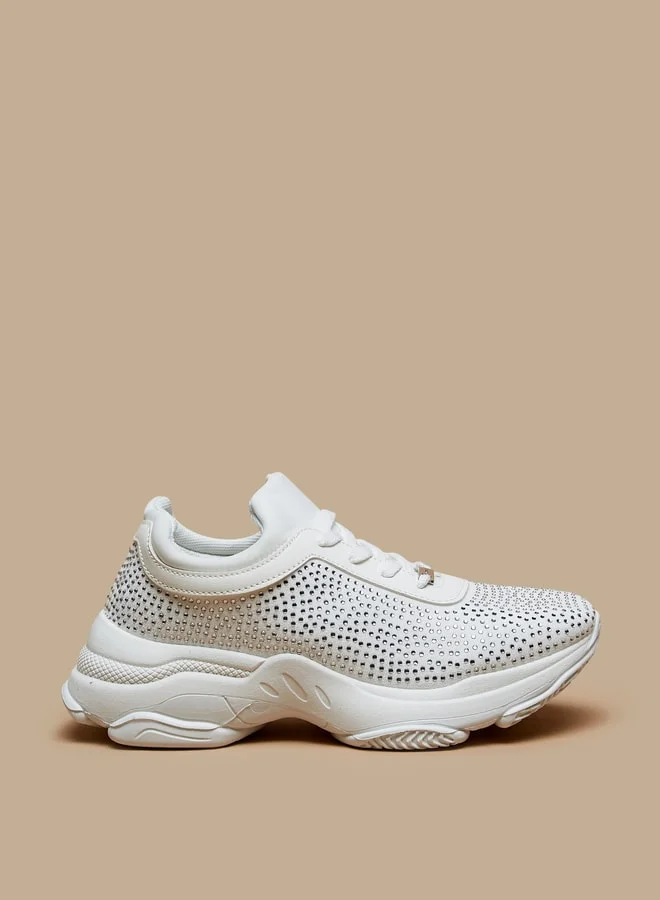 Flora Bella By Shoexpress Women Studded Low Ankle Sports Shoes with Chunky Sole and Lace-Up Closure