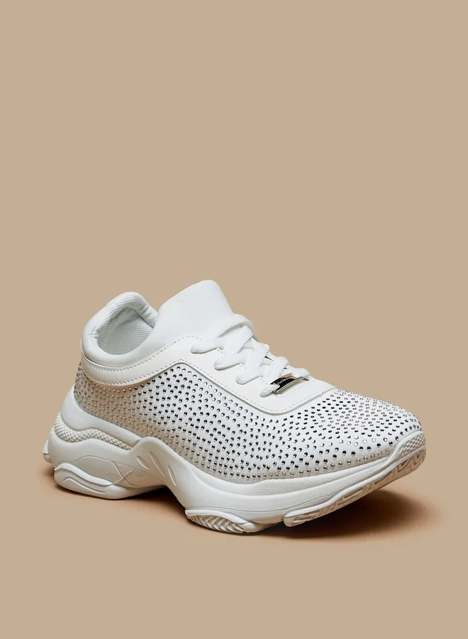 Flora Bella By Shoexpress Women Studded Low Ankle Sports Shoes with Chunky Sole and Lace-Up Closure