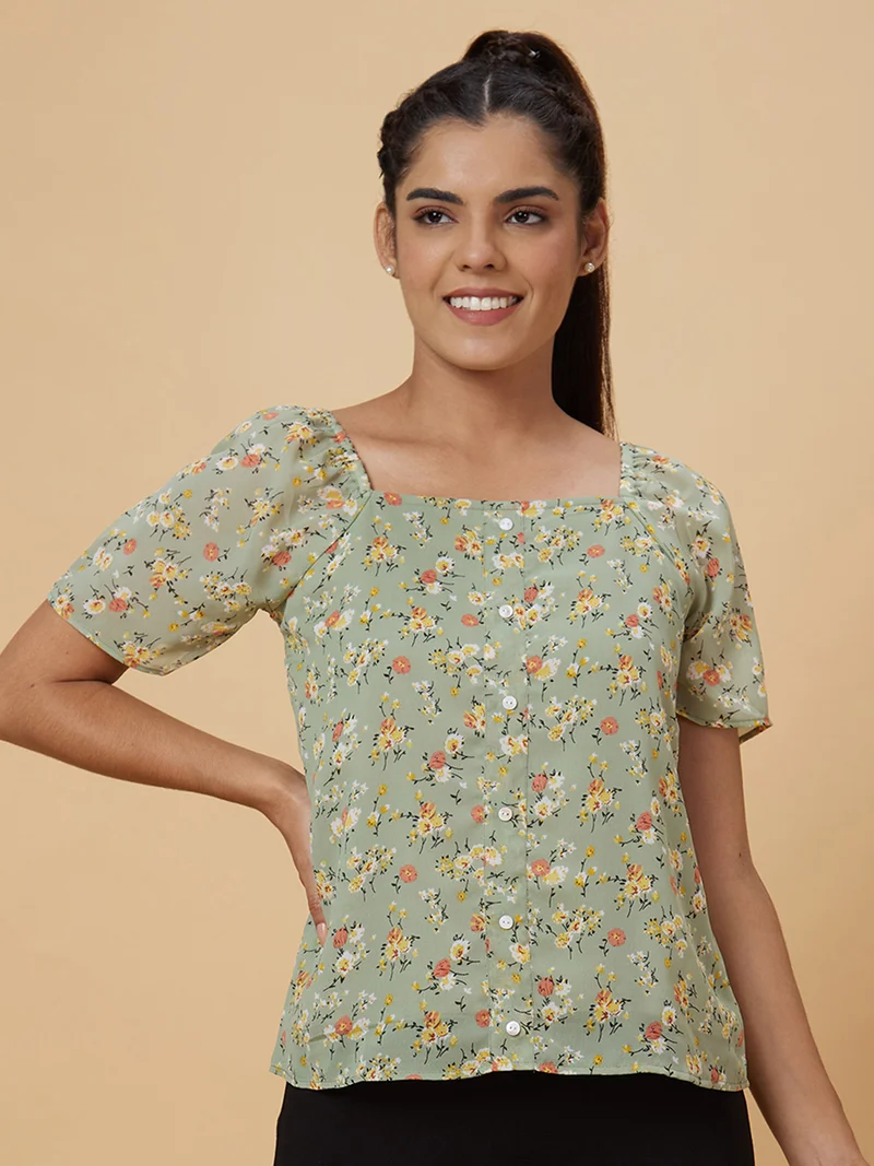 جلو باص بلوزة نسائية مربعة الرقبة بطبعة زهور خضراء