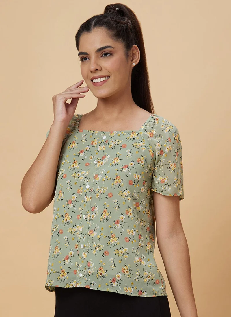 globus Globus Women Green Floral Printed Square Neck Top