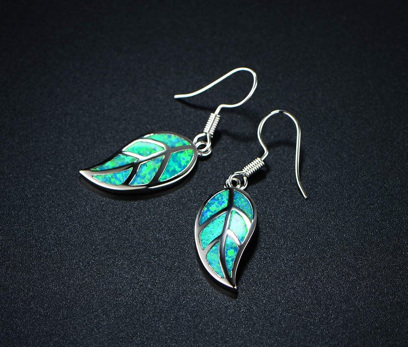 Barzel 18K White Gold Plated Created Turquoise Opal Leaf Drop Earrings (Silver Turquoise) - Image 5