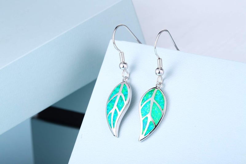 Barzel 18K White Gold Plated Created Turquoise Opal Leaf Drop Earrings (Silver Turquoise) - Image 4