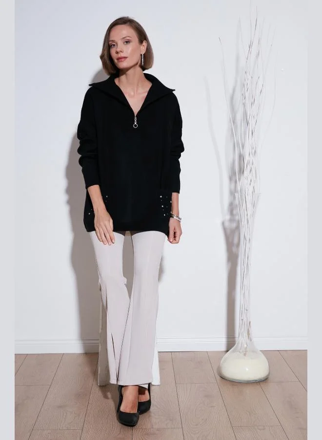 ليلا كنزة نسائية محبوكة بياقة بسحاب وجيب من ليلا