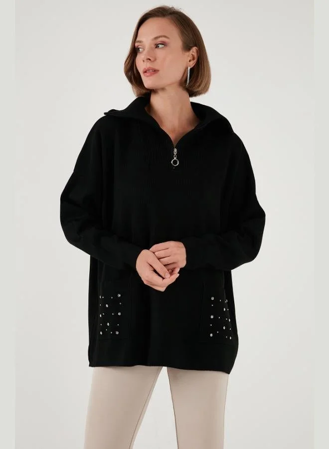 ليلا كنزة نسائية محبوكة بياقة بسحاب وجيب من ليلا