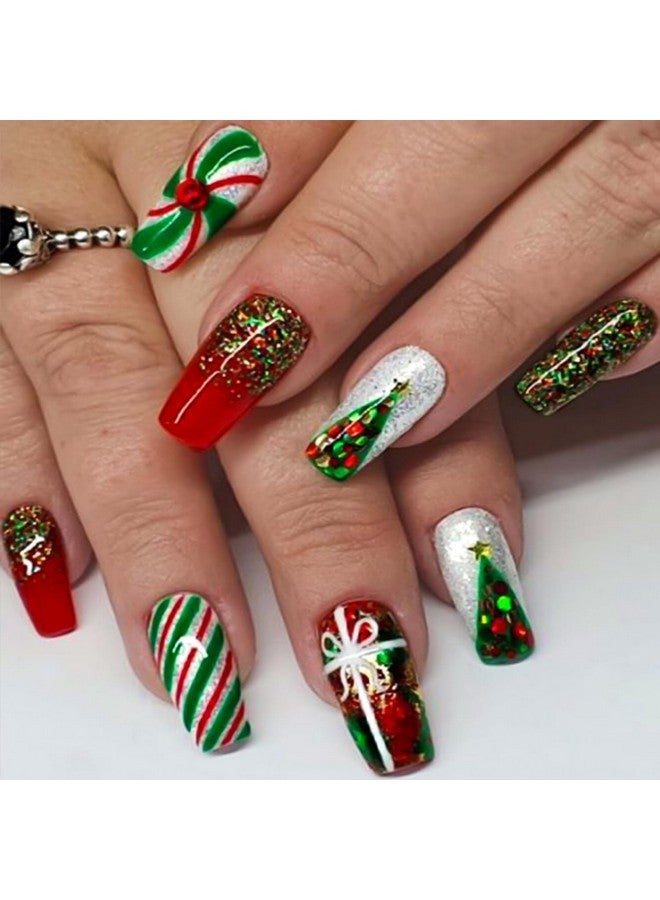 TULOBI Christmas Press On Nails Medium Coffin Fake Nails With Christmas Tree Designs Glitter Glue On Nails Xmas Design Green And Red Stripes Full Cover False Nails Artificial Acrylic Nails 24Pcs - Image 1