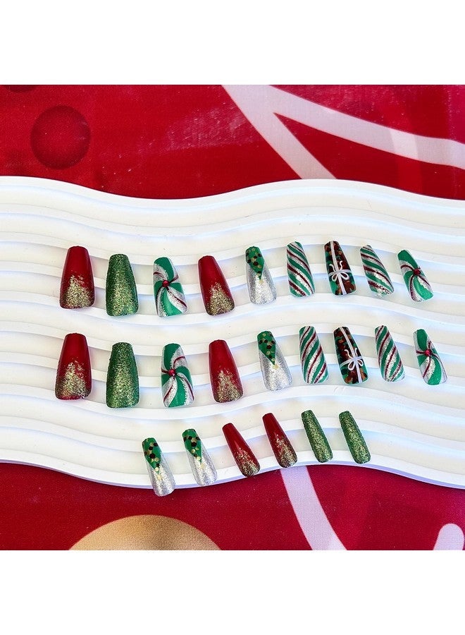 TULOBI Christmas Press On Nails Medium Coffin Fake Nails With Christmas Tree Designs Glitter Glue On Nails Xmas Design Green And Red Stripes Full Cover False Nails Artificial Acrylic Nails 24Pcs - Image 5