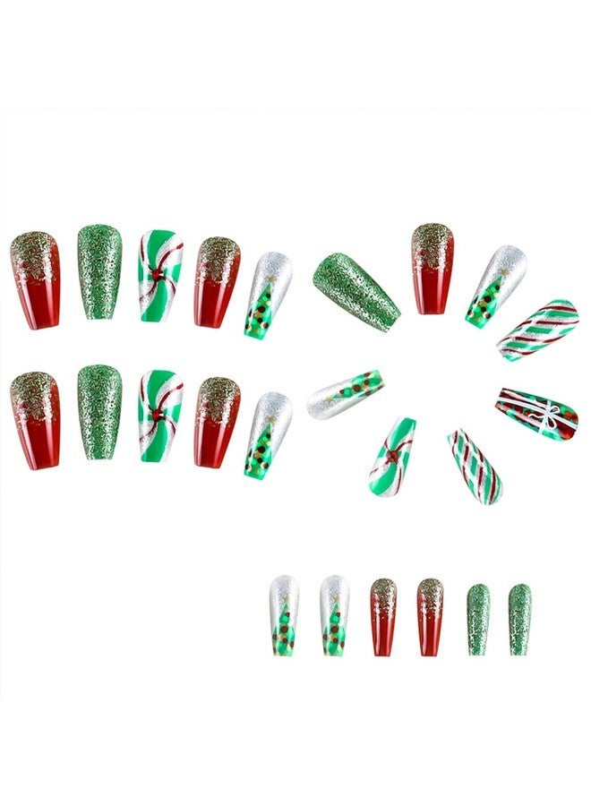 TULOBI Christmas Press On Nails Medium Coffin Fake Nails With Christmas Tree Designs Glitter Glue On Nails Xmas Design Green And Red Stripes Full Cover False Nails Artificial Acrylic Nails 24Pcs - Image 2