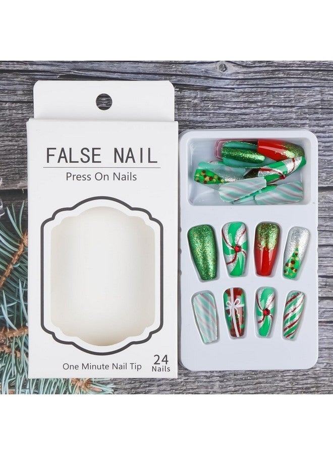 TULOBI Christmas Press On Nails Medium Coffin Fake Nails With Christmas Tree Designs Glitter Glue On Nails Xmas Design Green And Red Stripes Full Cover False Nails Artificial Acrylic Nails 24Pcs - Image 4
