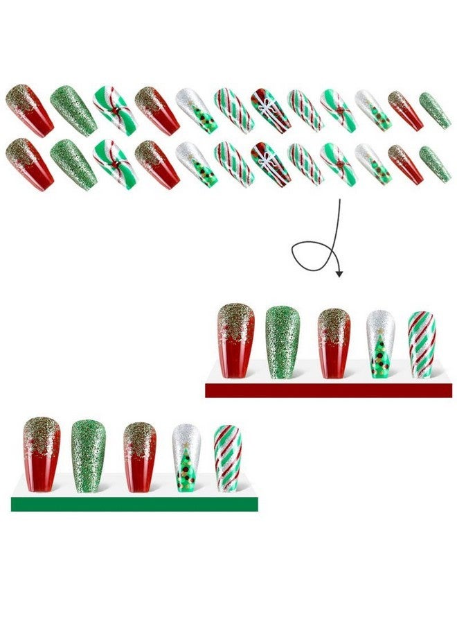 TULOBI Christmas Press On Nails Medium Coffin Fake Nails With Christmas Tree Designs Glitter Glue On Nails Xmas Design Green And Red Stripes Full Cover False Nails Artificial Acrylic Nails 24Pcs - Image 3