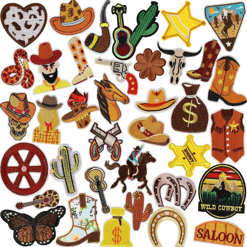 Augsun 36pcs Western Iron On Patches Brown Theme Iron on Patches for Boys Western DIY Sew Applique Repair Patch Cute Sew on Patches for Clothing Jacket Jeans Pants Dress Backpack Hats Decorations - Image 1