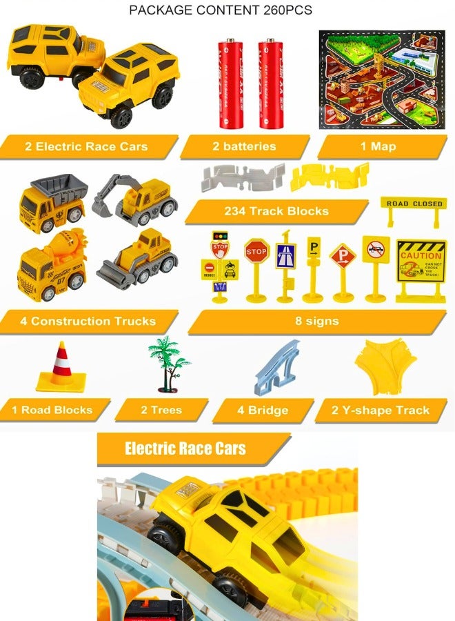 Chase Up 260 PCS Construction Race Tracks for Kids Toys, 2 Electric Cars, 4 Construction Cars, 1 Map & Flexible DIY Track Set, Engineering Gifts for 3 4 5 6 Year Old Boys Girls - Image 3