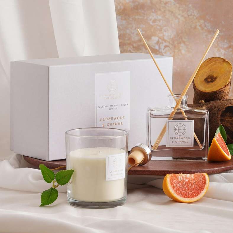 Elegance Cedarwood Orange 100ml Diffuser and 255gm Candle Gift Set - Grey
