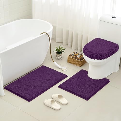 HOMEIDEAS 3 Pieces Dark Purple Bathroom Rugs Set, Ultra Soft Non Slip Bath Rug and Absorbent Chenille Bath Mat, Includes U-Shaped Contour Rug, Bath Mat and Toilet Lid Cover, Perfect for Bathroom Floor - Image 2