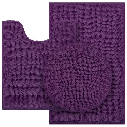 HOMEIDEAS 3 Pieces Dark Purple Bathroom Rugs Set, Ultra Soft Non Slip Bath Rug and Absorbent Chenille Bath Mat, Includes U-Shaped Contour Rug, Bath Mat and Toilet Lid Cover, Perfect for Bathroom Floor - Image 1