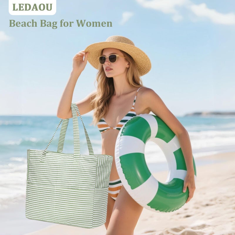 LEDAOU Large Beach Tote Bag Women Waterproof Sandproof Zipper Beach Tote Bag for Pool Gym Grocery Travel with Wet Pocket - Image 2