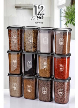 Kitchen Life مجموعة حاويات تخزين مربعة كبيرة الحجم 12 قطعة 1.2 لتر جرة طعام أنثراسيت  - Image 1