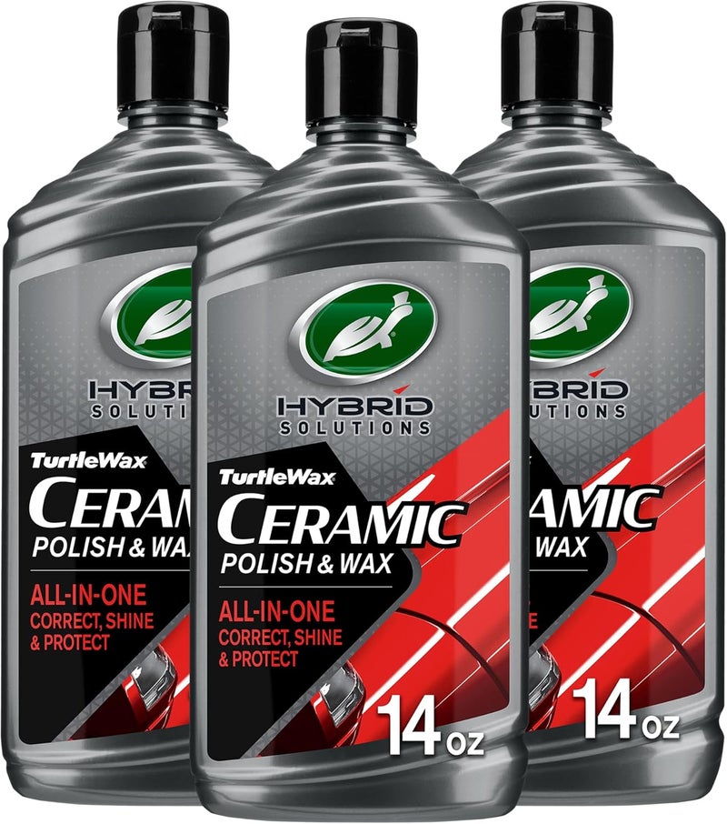 TurtleWax Hybrid Solutions Ceramic Car Polish and Wax, Light Scratch Remover, Durable Paint Protection, Extreme Water Beading, High Gloss Shine, Hand or Machine Polisher Use, 14 oz (Pack of 3) - Image 1