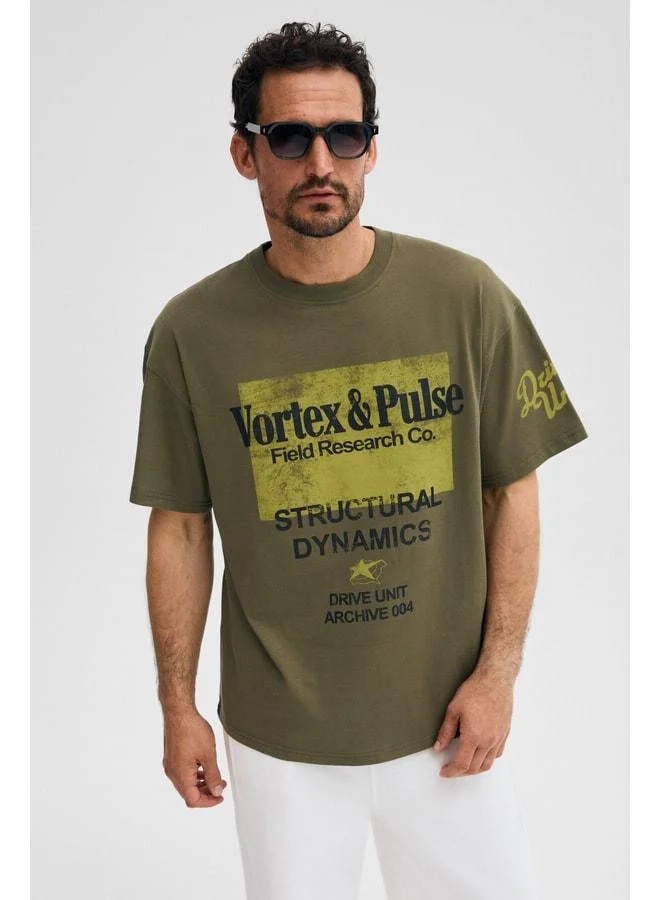 GRIMELANGE COLINA Men's 100% Organic Cotton Printed Detailed Regular Fit Round Neck Khaki T-Shirt.