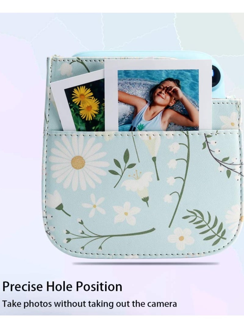 Zikra Camera Bag Camera Protection Bag Vintage Floral PU Leather Camera Storage Bag with Shoulder Strap for Instax Mini 11 Fresh Green Small Daisy Camera Bag - Image 3