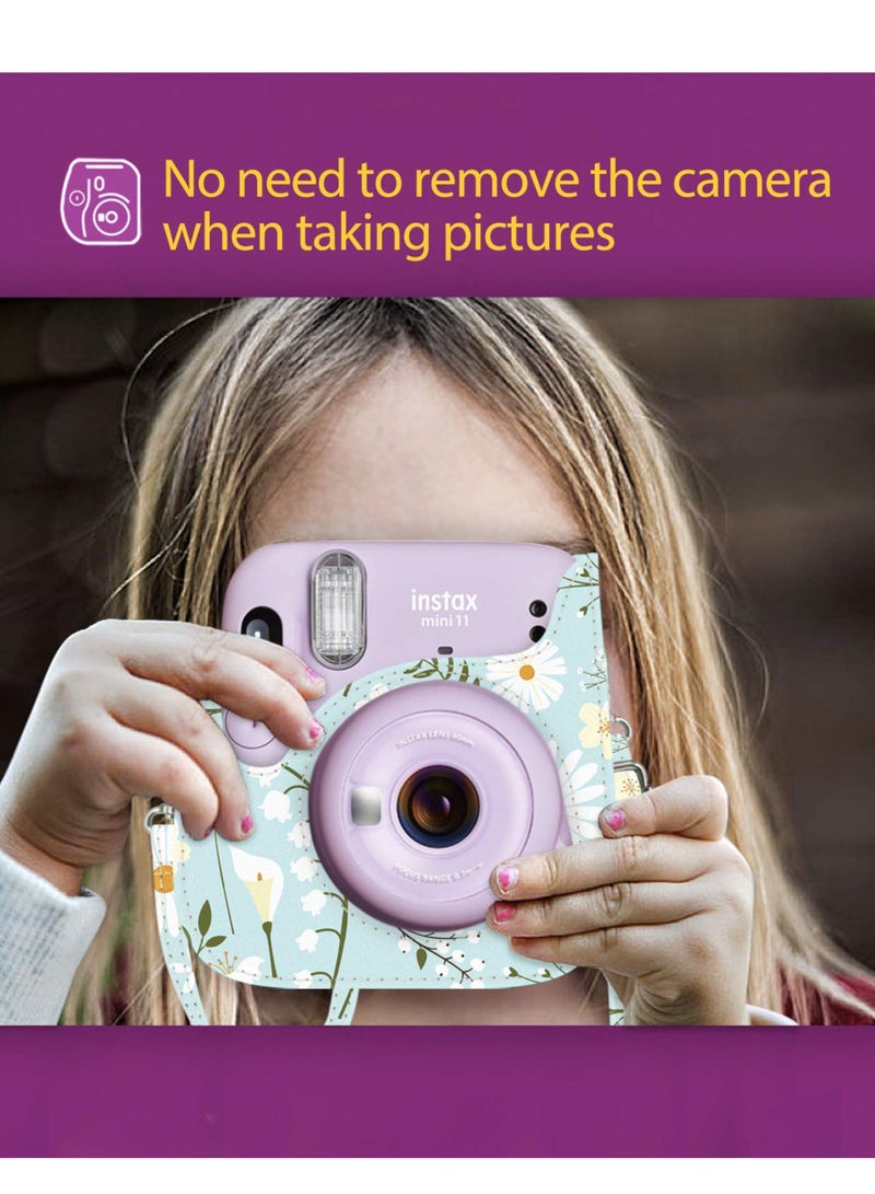 Zikra Camera Bag Camera Protection Bag Vintage Floral PU Leather Camera Storage Bag with Shoulder Strap for Instax Mini 11 Fresh Green Small Daisy Camera Bag - Image 5