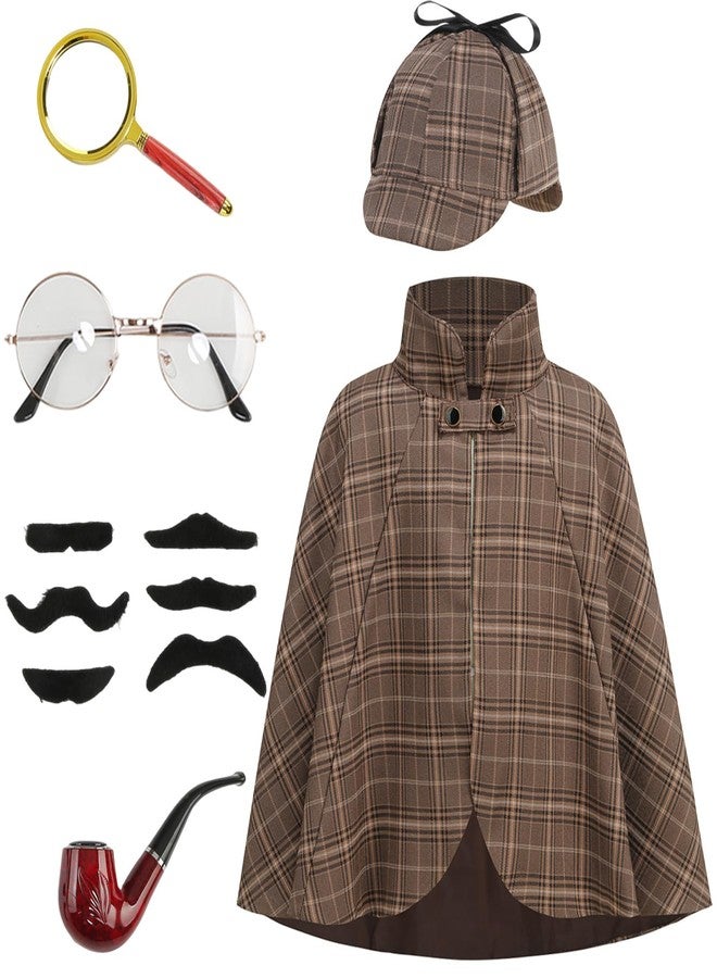 GRAJTCIN Kids Detective Costume Sherlock Holmes Boys and Girls Inspector Cape and Accessories Halloween Party Outfit (Brown,19.69") - Image 1