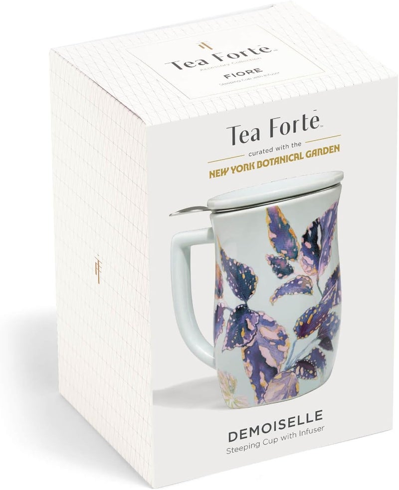 Tea Forte كوب سيراميك فيوري مع مقبض، سلة مصفاة ستانلس ستيل قابلة للإزالة وغطاء، ينقع 14 أونصة من الشاي السائب، آمن في غسالة الصحون والميكروويف، ديموازيل - Image 2