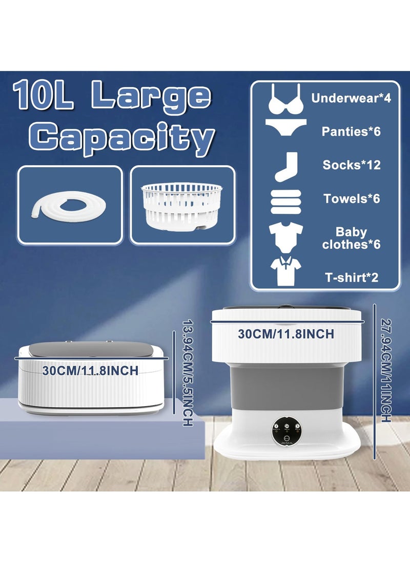 Foldable Washing Machine, 10L Portable Washer, Collapsible Mini Washing Machine with Spin, Small Folding Washer and Dryer Combo for Baby Clothes, Socks (Grey)