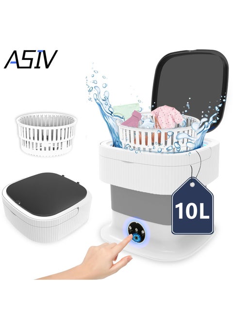 Foldable Washing Machine, 10L Portable Washer, Collapsible Mini Washing Machine with Spin, Small Folding Washer and Dryer Combo for Baby Clothes, Socks (Grey)
