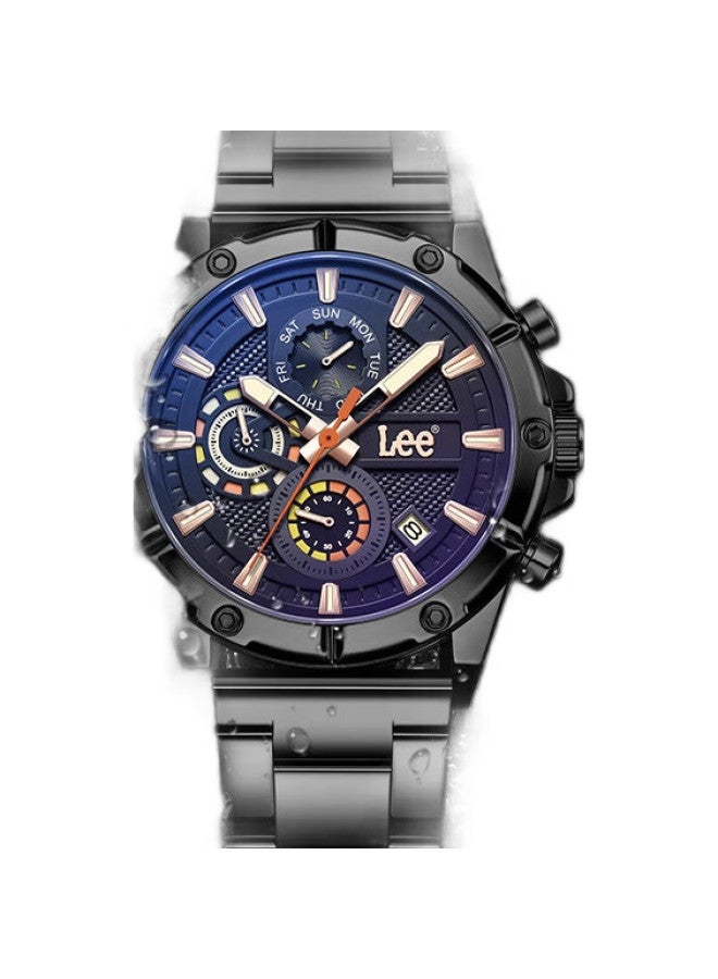 Lee Men'S Multi-Function Three-Eye Chronograph Trendy Quartz Watch Steel Strap M474Abab-1Rsy Black Blue - Image 3