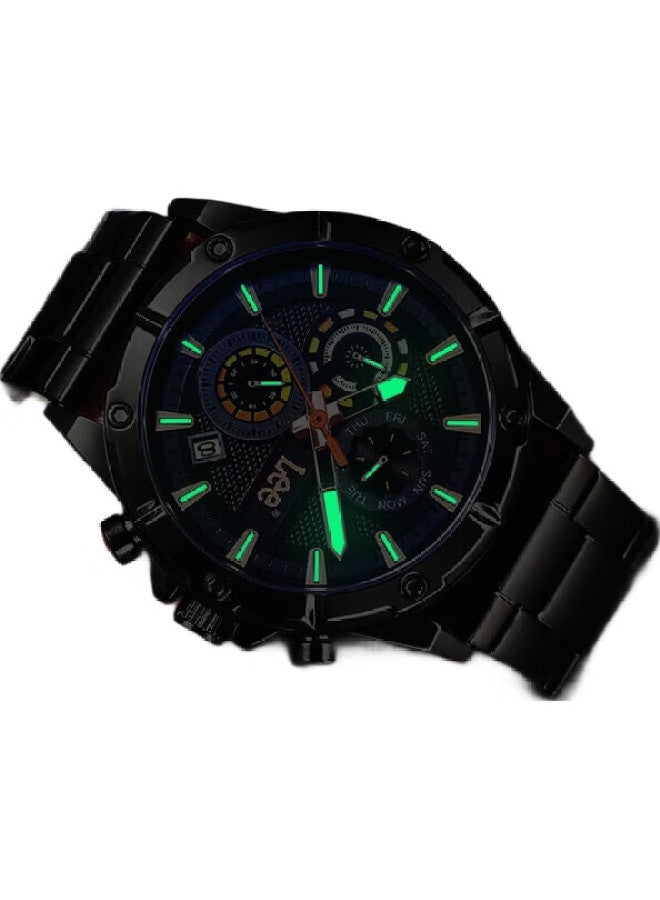 Lee Men'S Multi-Function Three-Eye Chronograph Trendy Quartz Watch Steel Strap M474Abab-1Rsy Black Blue - Image 1