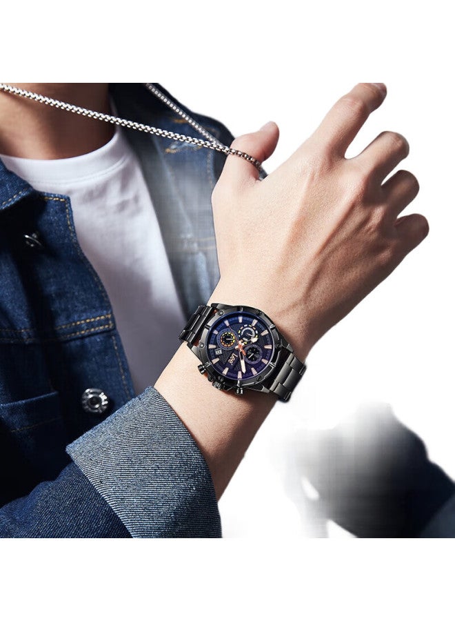Lee Men'S Multi-Function Three-Eye Chronograph Trendy Quartz Watch Steel Strap M474Abab-1Rsy Black Blue - Image 2