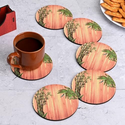 Gift Kya De GKD Coaster Set of 6 Natural Bamboo TreeTheme Design Wooden Coasters to Serve Tea Cups, Coffee Mugs and Glasses (3.5 x 3.5 inch) (Square) (Ecofriendly) - Image 1