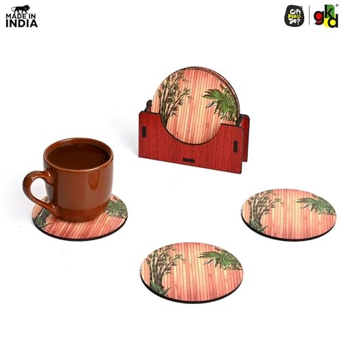 Gift Kya De GKD Coaster Set of 6 Natural Bamboo TreeTheme Design Wooden Coasters to Serve Tea Cups, Coffee Mugs and Glasses (3.5 x 3.5 inch) (Square) (Ecofriendly) - Image 5