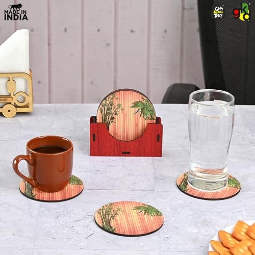 Gift Kya De GKD Coaster Set of 6 Natural Bamboo TreeTheme Design Wooden Coasters to Serve Tea Cups, Coffee Mugs and Glasses (3.5 x 3.5 inch) (Square) (Ecofriendly) - Image 4