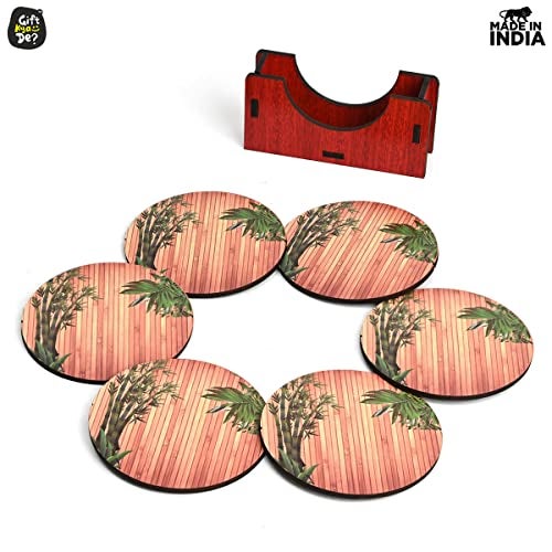 Gift Kya De GKD Coaster Set of 6 Natural Bamboo TreeTheme Design Wooden Coasters to Serve Tea Cups, Coffee Mugs and Glasses (3.5 x 3.5 inch) (Square) (Ecofriendly) - Image 2