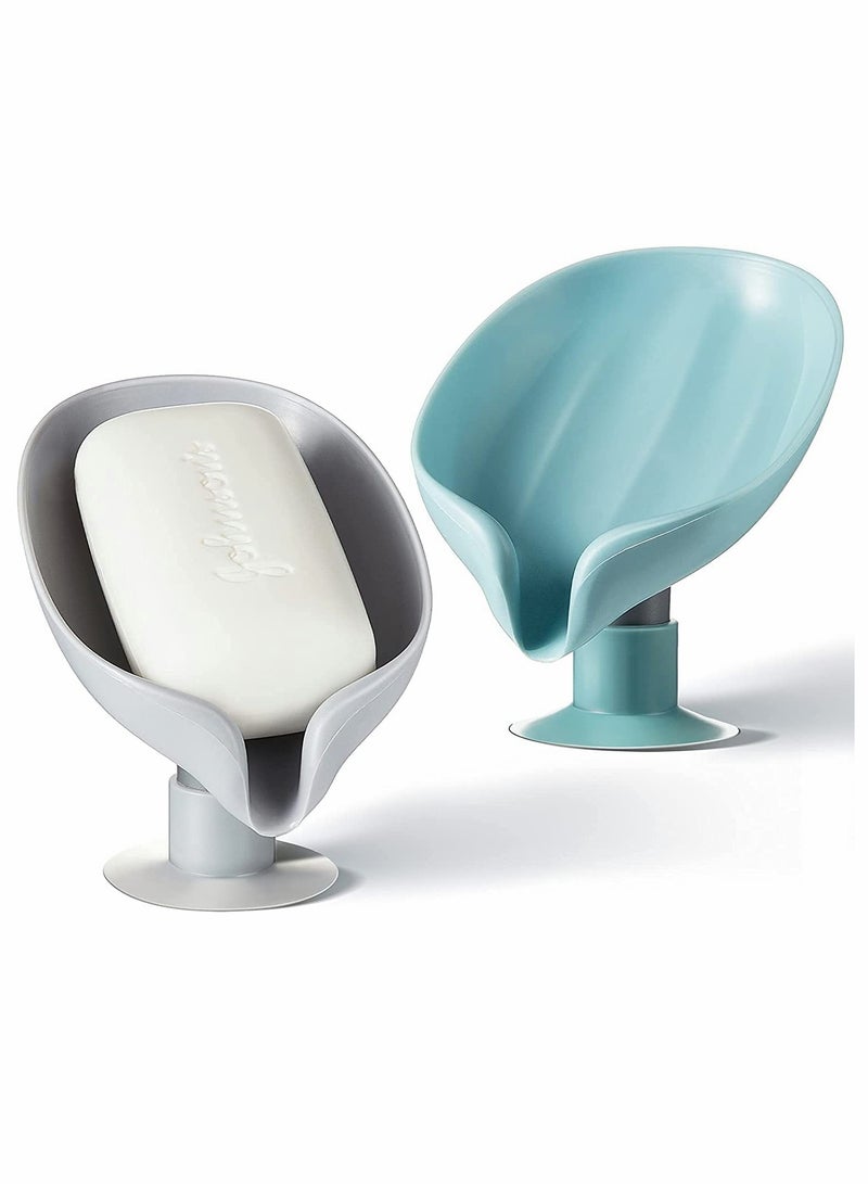 Leaf Shape Soap Dish with Suction Cup, Self Draining Bar Soap Holder for Shower and Kitchen, Easy to Clean Design in Light Blue and Gray - Image 1
