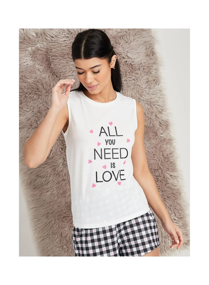 Styli All You Need Is Love Slogan Print Vest and Checked Short Set