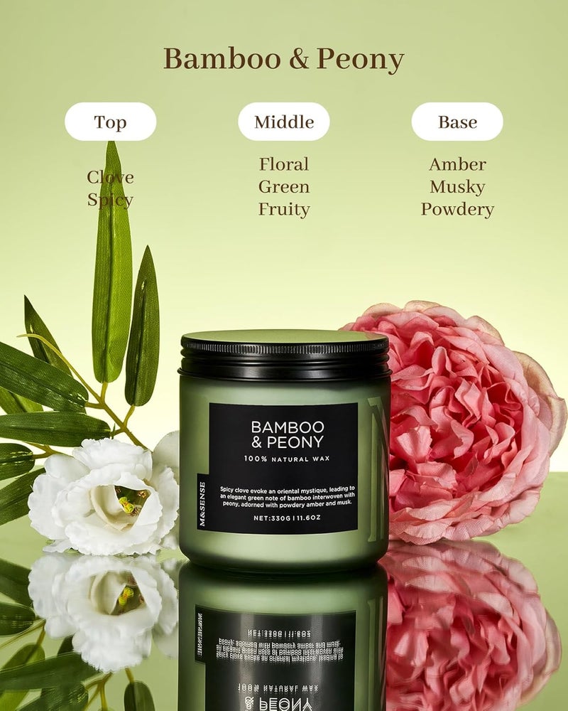 M&SENSE Bamboo Peony Scented Candle, 11.6oz Aromatherapy Jar Candle, 70 Hour Burn Time, Natural Soy Wax Blend, Stress Relief, Home Fragrance - Image 2