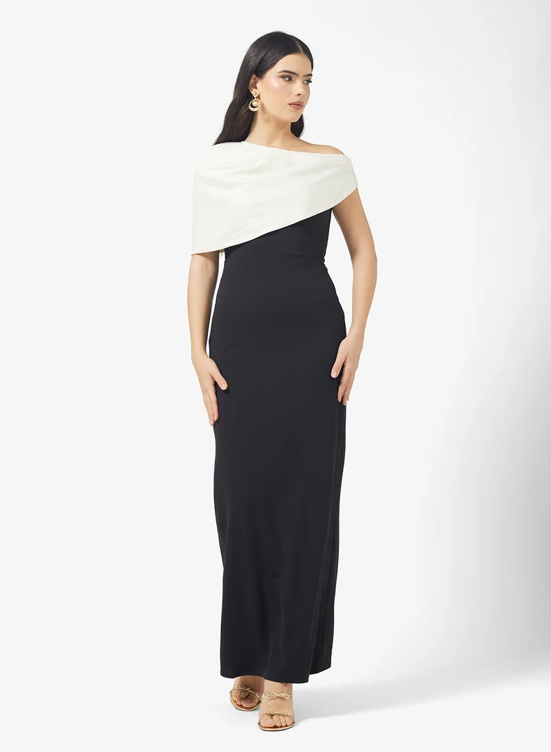 Namshi x Assymetric Shoulder Draped Two Tone Dress
