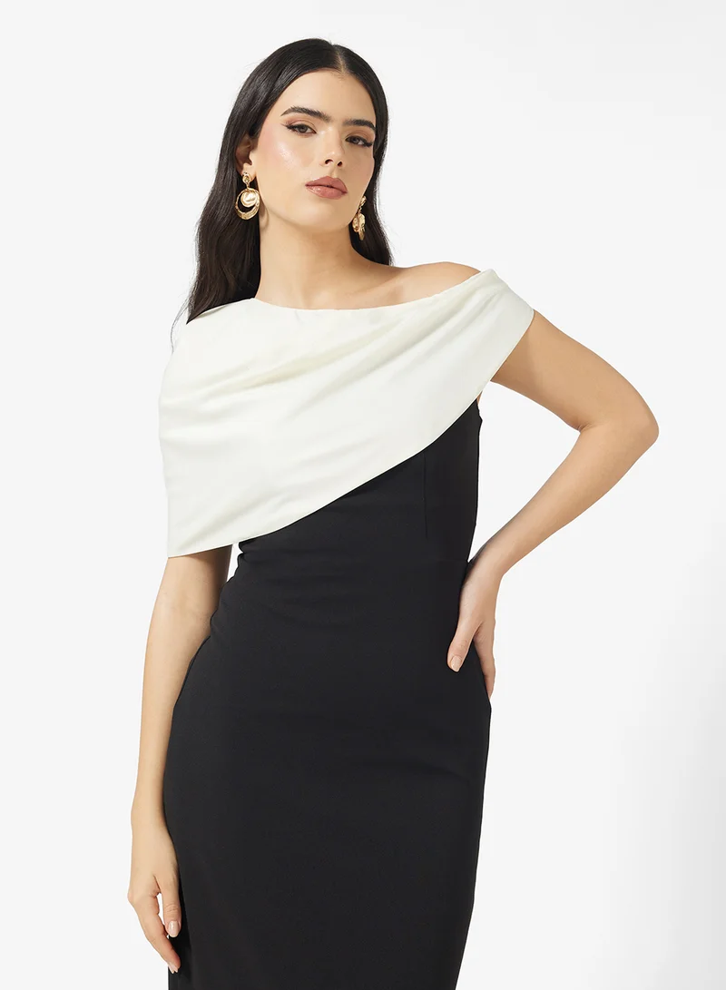 Namshi x Assymetric Shoulder Draped Two Tone Dress
